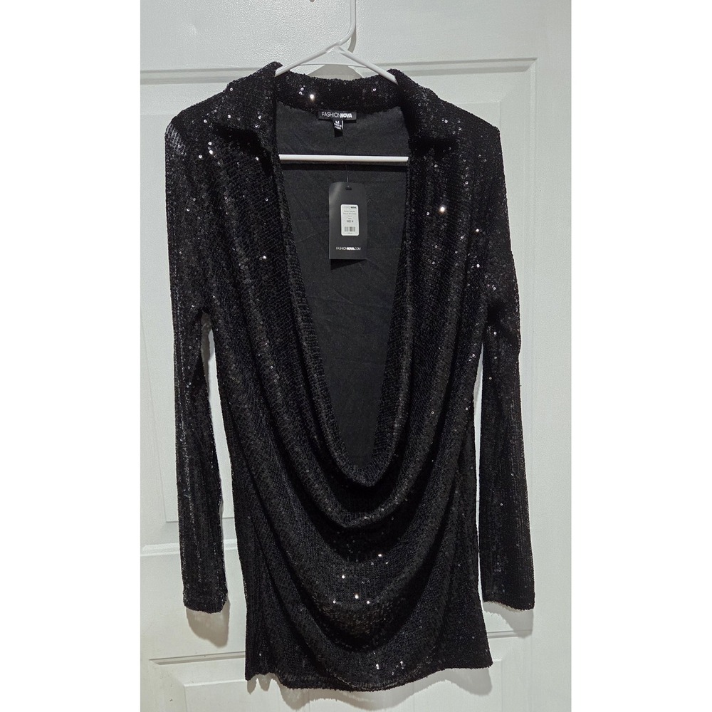 Fashion NOVA Black Money Spender Sequin Long Sleeve Mini Dress Women M- NWT